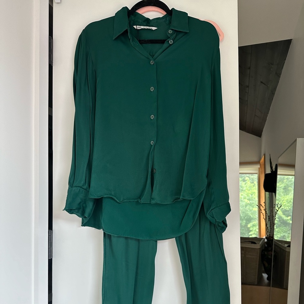 Zara Emerald Green Satin Set Button Down Joggers Small Medium